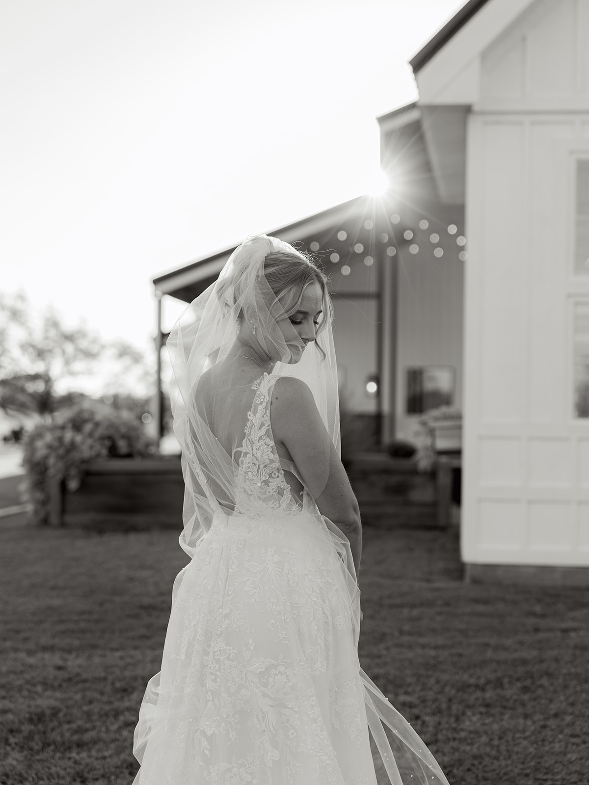 black and white photo at bridal session at davis and grey farms